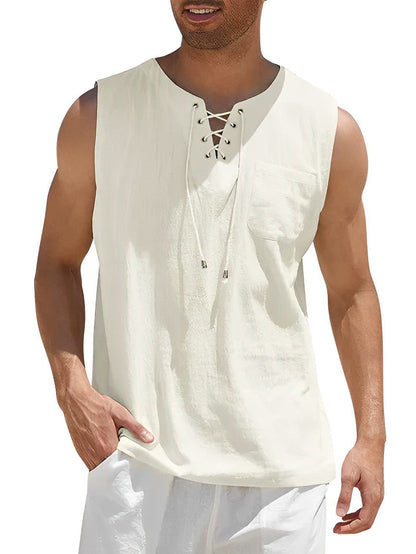 Grant - Luchtige linnen tanktop met vetertouw voor heren