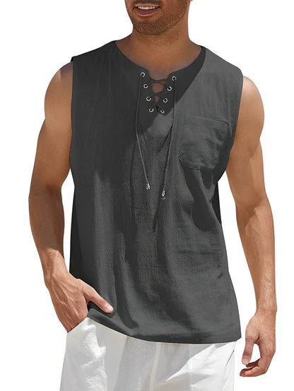 Grant - Luchtige linnen tanktop met vetertouw voor heren