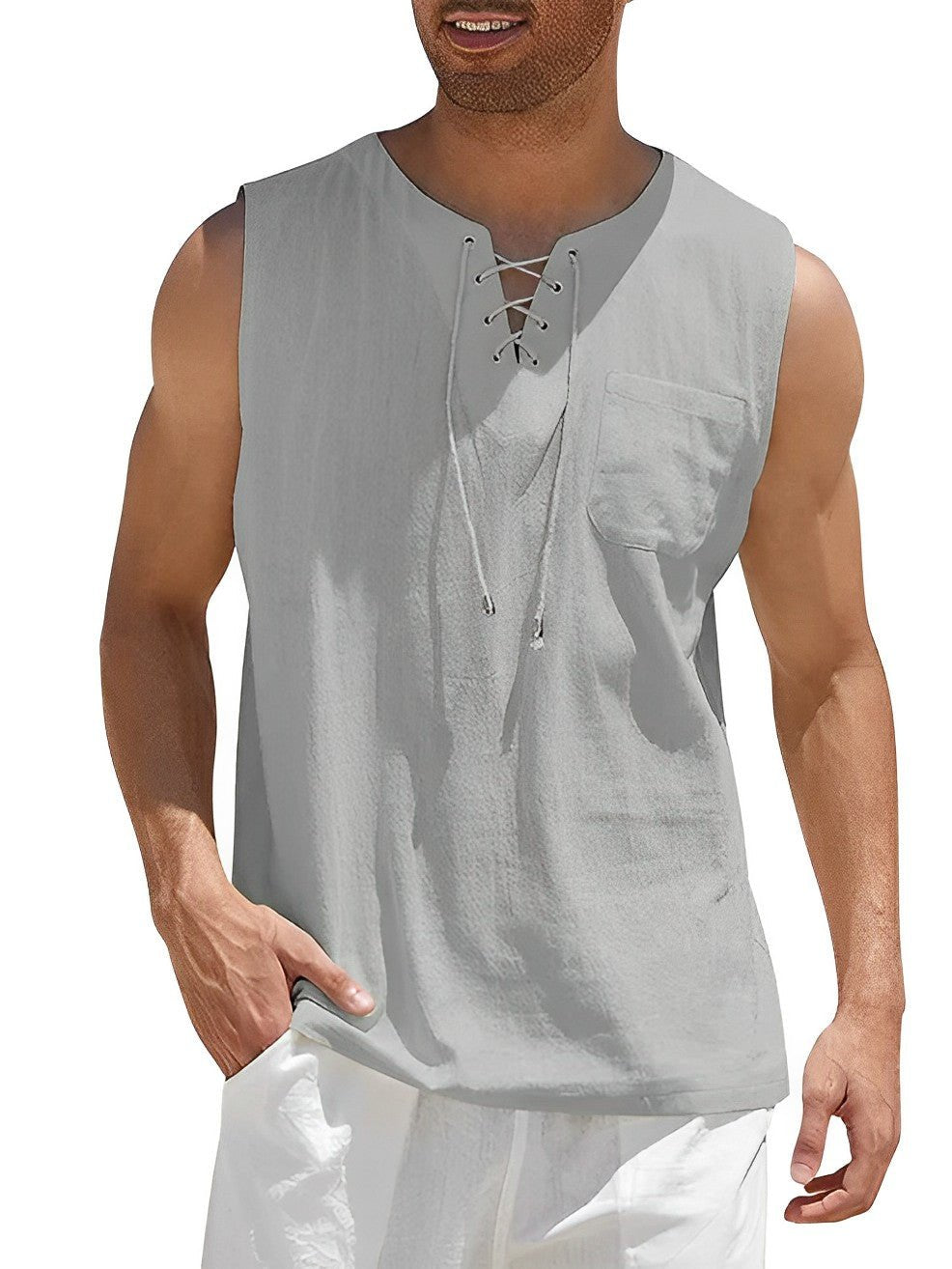 Grant - Luchtige linnen tanktop met vetertouw voor heren