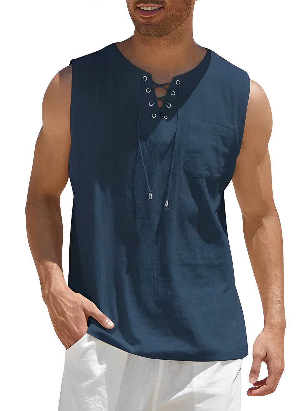 Grant - Luchtige linnen tanktop met vetertouw voor heren