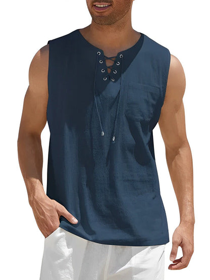 Grant - Luchtige linnen tanktop met vetertouw voor heren