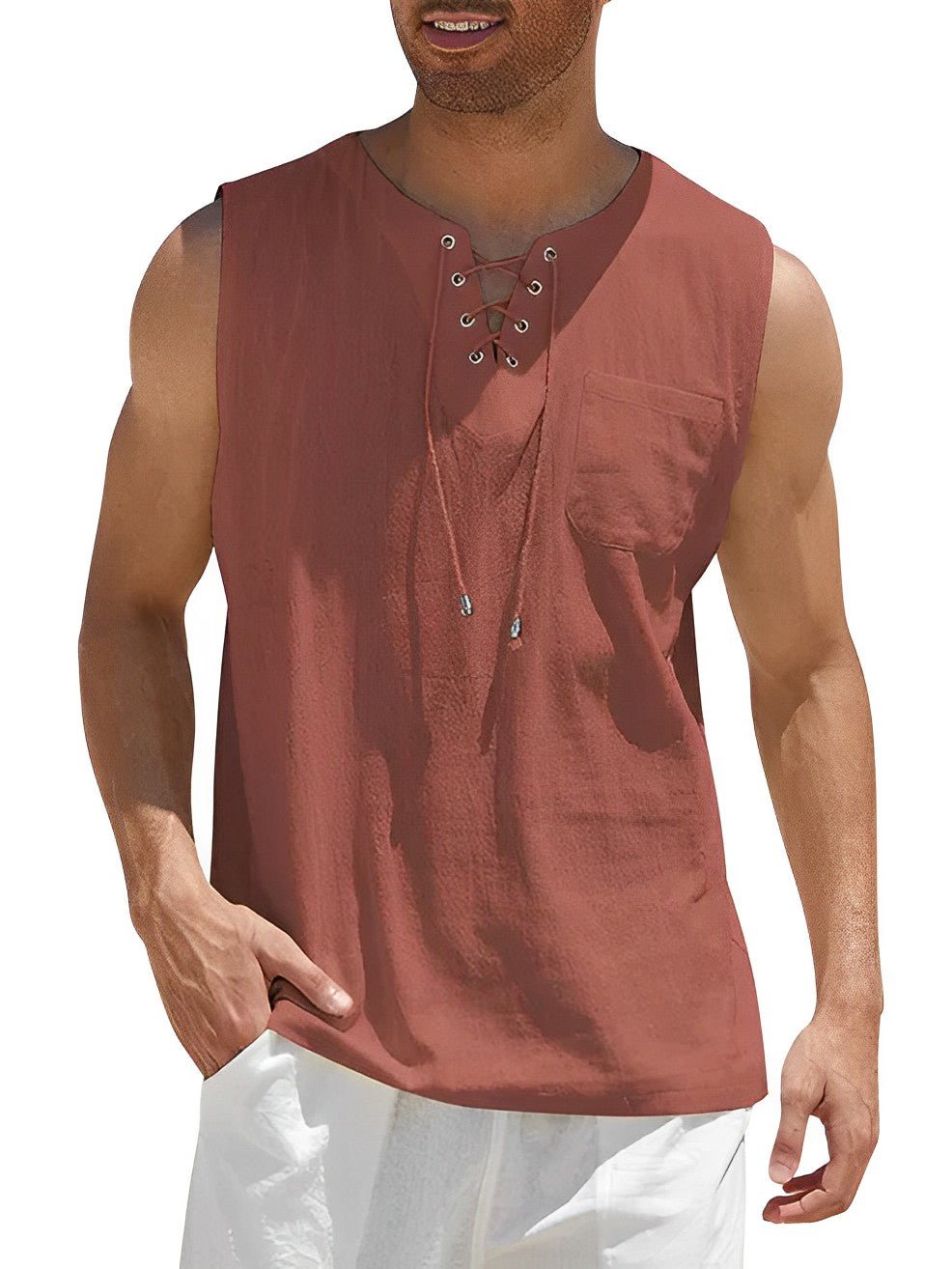 Grant - Luchtige linnen tanktop met vetertouw voor heren